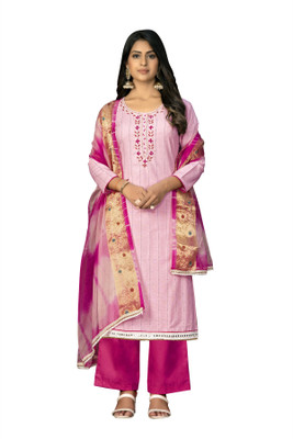 HERE&NOW Cotton Blend Embroidered Salwar Suit Material
