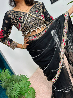 JASH ENTERPRISE Embroidered Bollywood Net Saree(Black)