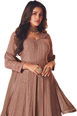ICEQUBEFAB Georgette Embroidered Gown/Anarkali Kurta & Bottom Material