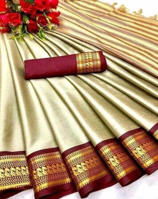 SELESTASAREES Self Design, Solid/Plain, Embellished, Woven Banarasi Jacquard, Cotton Silk Saree(Cream)