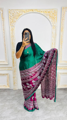 ANUVRATA Printed, Self Design, Woven Assam Silk Pure Silk Saree(Purple, Green)