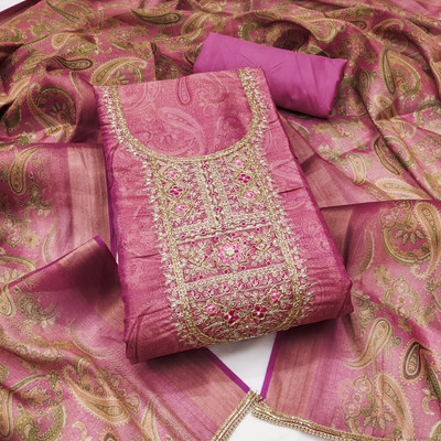 Saware Silk Blend Embroidered, Printed Salwar Suit Material