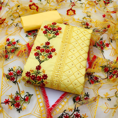 MEHZEEL FAB Cotton Blend Embroidered Kurta & Churidar Material
