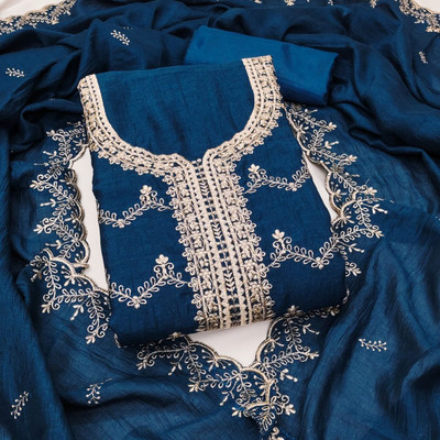 ISHA TRADE Silk Blend Embroidered Salwar Suit Material