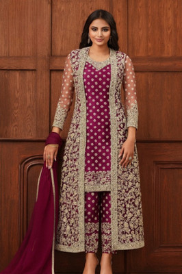 TRIVORA Net/Lace Embroidered Gown/Anarkali Kurta & Bottom Material