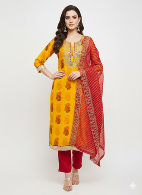 RAJWADI FASHION Cotton Blend Embroidered Kurta & Palazzo Material