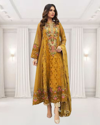 Dealbazaars Corporation Georgette Dyed, Embroidered, Checkered, Embellished, Self Design Salwar Suit Material