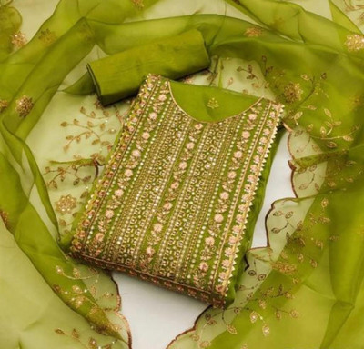 FREYLU Organza Embroidered, Embellished Salwar Suit Material