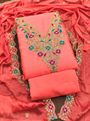 RUDRAA FAB Silk Blend Embroidered Salwar Suit Material