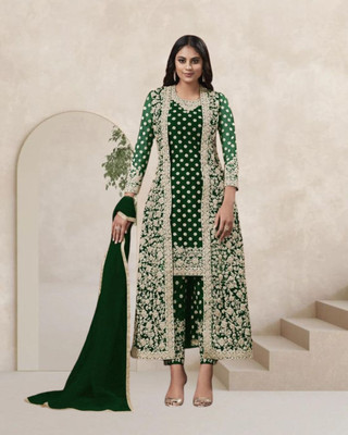Dealbazaars Corporation Net/Lace Dyed, Embroidered, Embellished, Self Design Kurta with Jacket & Bottom Material