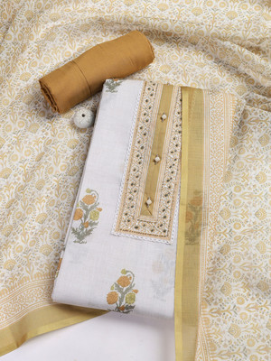 Meena Bazaar Linen Blend Embroidered Salwar Suit Material