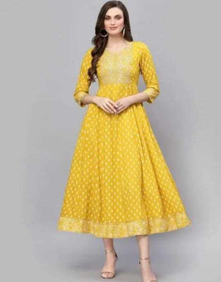 Aarodhiya Women Embroidered Anarkali Kurta(Yellow)