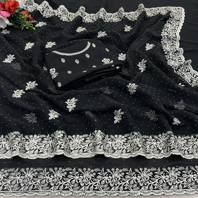 DkCartel Embroidered Bollywood Silk Blend Saree(Black)