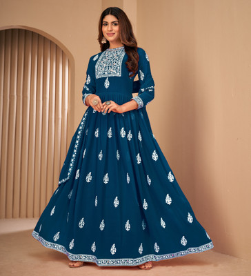 Divine Exim Georgette Embroidered Gown/Anarkali Kurta & Bottom Material