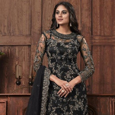 TRIVORA Net/Lace Embroidered Kurta & Churidar Material