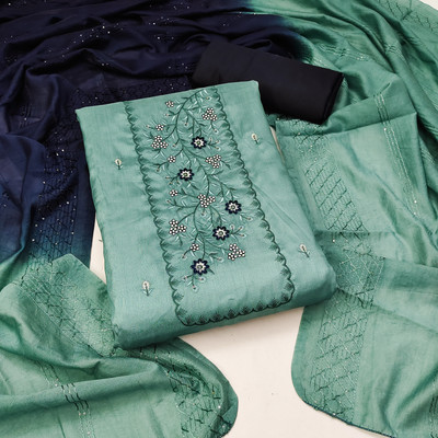 manvaa Silk Blend Embroidered Salwar Suit Material