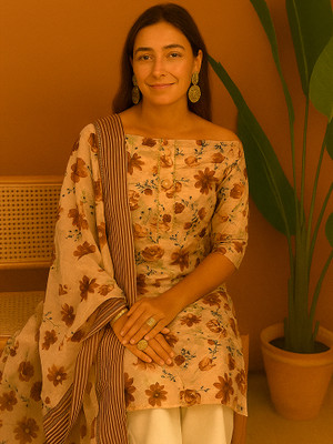 Nagi Textile Cotton Linen Floral Print Kurta & Palazzo Material
