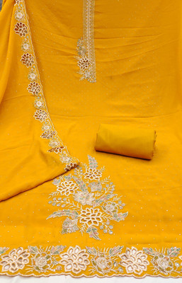 Shree Meladi Pure Silk Solid, Embroidered, Floral Print, Embellished Salwar Suit Material
