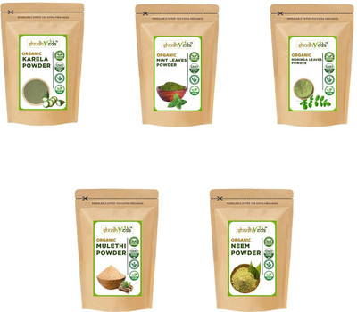 Shudhveda Organic Neem, Karela, Mint, Moringa Leaves & Mulethi Powder-Combo Pack (90g*5)(5 g)