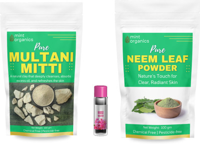 MINT ORGANICS Multani Mitti Neem leaf Powder Combo100g Each(Pack of 2)with Rose Water For face(200 g)