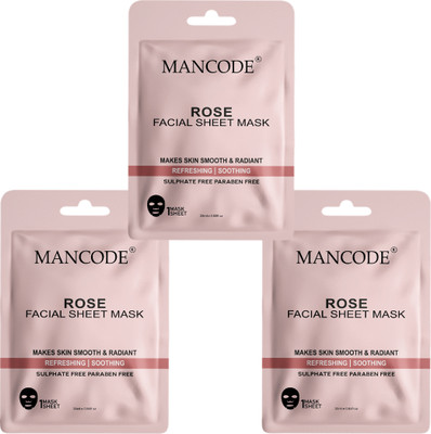 MANCODE Rose Facial Sheet Mask for Men & Women Korean Sheet Mask Pack of 3(75 ml)