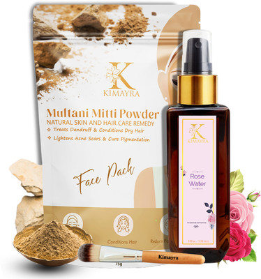 KIMAYRA Multani Mitti Powder 75gm + Rose water 100ml | Combo Face Pack With Free Brush(175 g)