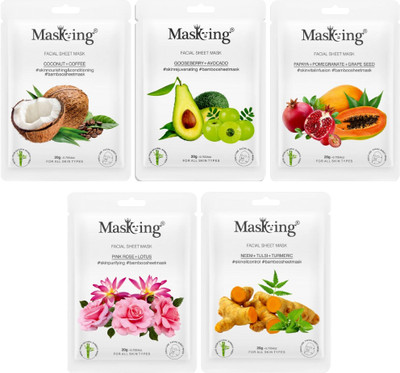 MasKing Bamboo Facial Sheet Mask of Pink Rose, Gooseberry, Orange, Papaya & Neem Ideal for Women & Men (Combo Pack of 5)(100 ml)