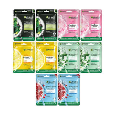 GARNIER Sheet Mask Pack Of 10 (Vit C +Sakura+Charcoal+Hydra+Green Tea) PO10(280 g)
