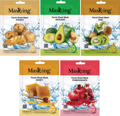 MasKing Beauty Facial Sheet Mask for Skin Regeneration, Lightening, Nourishing, Hydrating & Glowing for Women & Men Combo Pack of 5(100 ml)