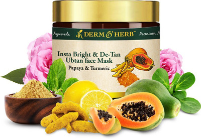 DERM & HERB Insta Bright and De-tan Ubtan Clay Mask - with Papaya and Turmeric |No Paraben, No Sulfate, No Silicones and No artificial color(100 g)