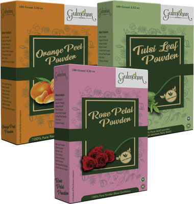 GULMOHAR Pure Orange peel powder, Tulsi powder and Rose petal powder 100g Each(300 g)