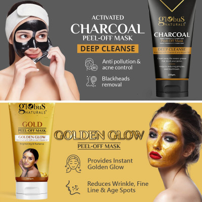 Globus Naturals Charcoal & Gold Peel Off Mask Combo Pack|Golden Glow & Radiance(200 g)