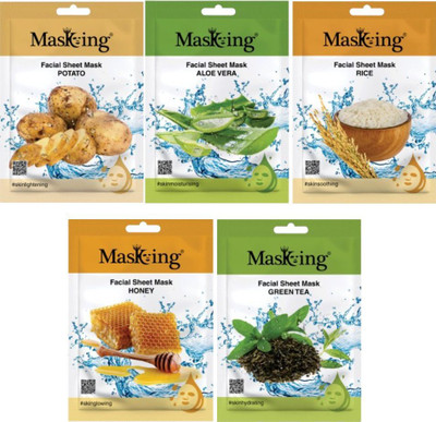 MasKing Beauty Facial Sheet Mask for Skin Lightening, Hydrating, Glowing, Moisturizing & Soothing for Women & Men Combo Pack of 5(100 ml)