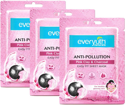 Everyuth Naturals Anti Pollution Pink Clay & Charcoal Sheet Mask (Pack of 3 * 25ml)(75 ml)