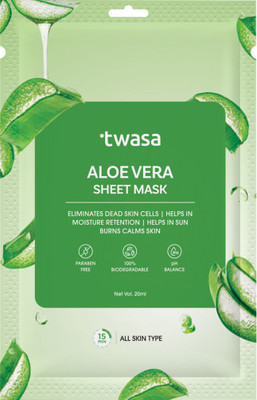 Twasa Aloe Vera Face Sheet Mask For Glowing & Soothing Skin and Sunburns Calms Skin(20 ml)