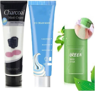 CATERINACHIARA Face Mask Combo Green Stick Face Mask with Charcoal Mask and Ice Cream Mask(260 ml)