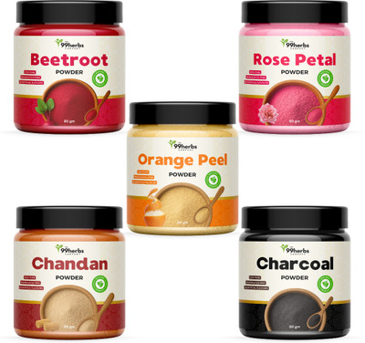 The 99 Herbs Company Beetroot, Chandan, Charcoal, Rose Petal & Orange Peel Powder Combo (80gm)(80 g)