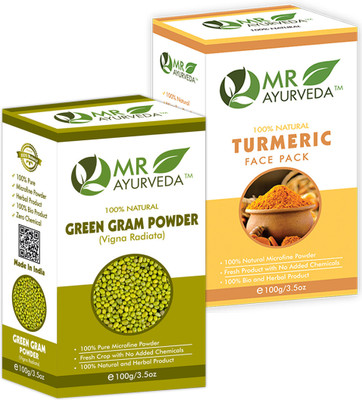 MR Ayurveda Green Gram Powder and Turmeric Face Pack Powder - Set of 2(200 g)