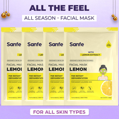 Sanfe Lemon Face Sheet Mask 25gm Pack of 4 | For radiant & glowing skin(25 g)