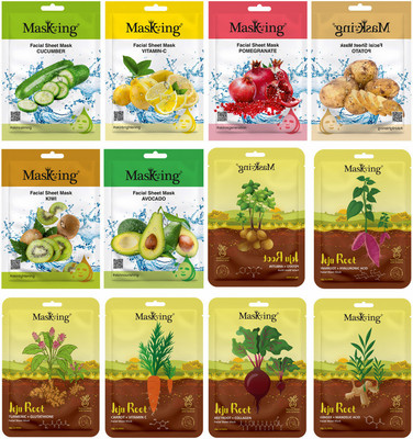 MasKing Beauty and Jeju Facial sheet mask combo set for skin Brightening, Pack of 12(240 ml)