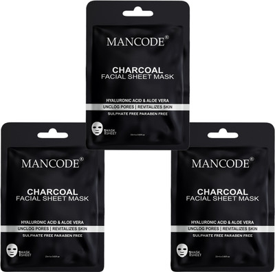 MANCODE Charcoal Facial Sheet Mask for Men & Women Korean Sheet Mask Pack of 3(75 ml)