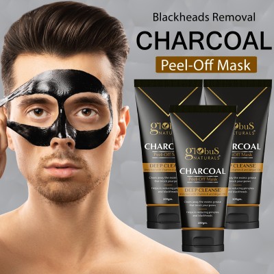Globus Naturals Activated Charcoal Peel off Mask for Men DeTan,Blackhead Removal Set of 3(300 g)