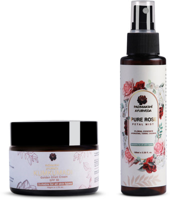 Padmakshi Ayurveda Pure Rose Petal Mist + Kumkumadi Golden Elixir Cream With SPF 30 - Skincare(2 Items in the set)