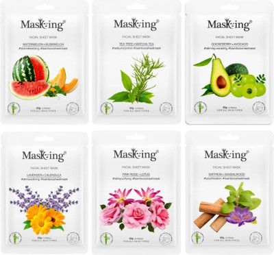 MasKing Bamboo Facial Sheet Mask for Skin Glowing, Youthful Skin, Moisturizing, Oil Control & Refreshing for Women & Men Combo Pack of 6(120 ml)