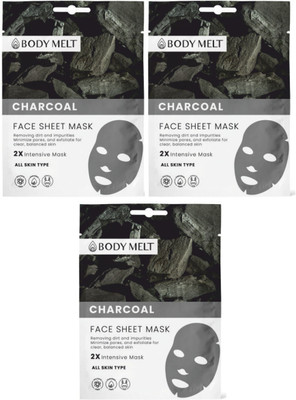 body melt Charcoal Face Sheet Masks, Pack of 3, 2X Intensive Masks for All Skin Types(60 ml)
