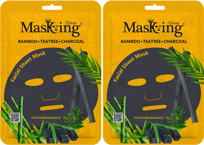 MasKing Diva Bamboo, Tea-tree & Charcoal facial Sheet Mask Pack Of 2(50 ml)