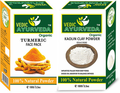 VEDICAYURVEDA Organic Turmeric Face Pack & Kaolin Clay Powder for Glowing Skin - Set of 2 (200 g)(200 g)