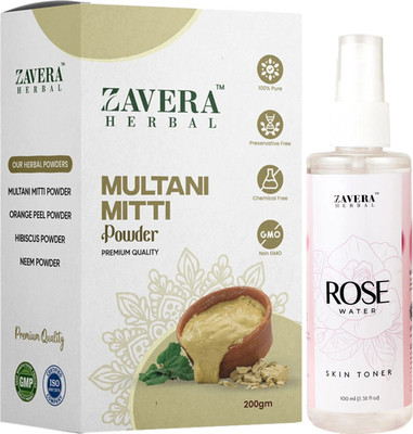Zavera Herbal Multani Mitti Powder and Rose Water with Vitamin E benefits Combo for Skin Care(300 g)