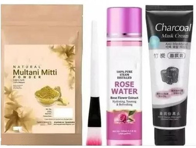 Elderwand Multani Mitti Gulab Jal, Brush and Charcoal Combo Set(500 g)