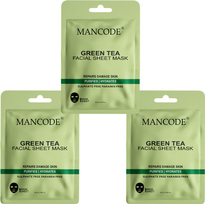 MANCODE Green Tea Facial Sheet Mask for Men & Women Korean Sheet Mask Pack of 3(75 ml)
